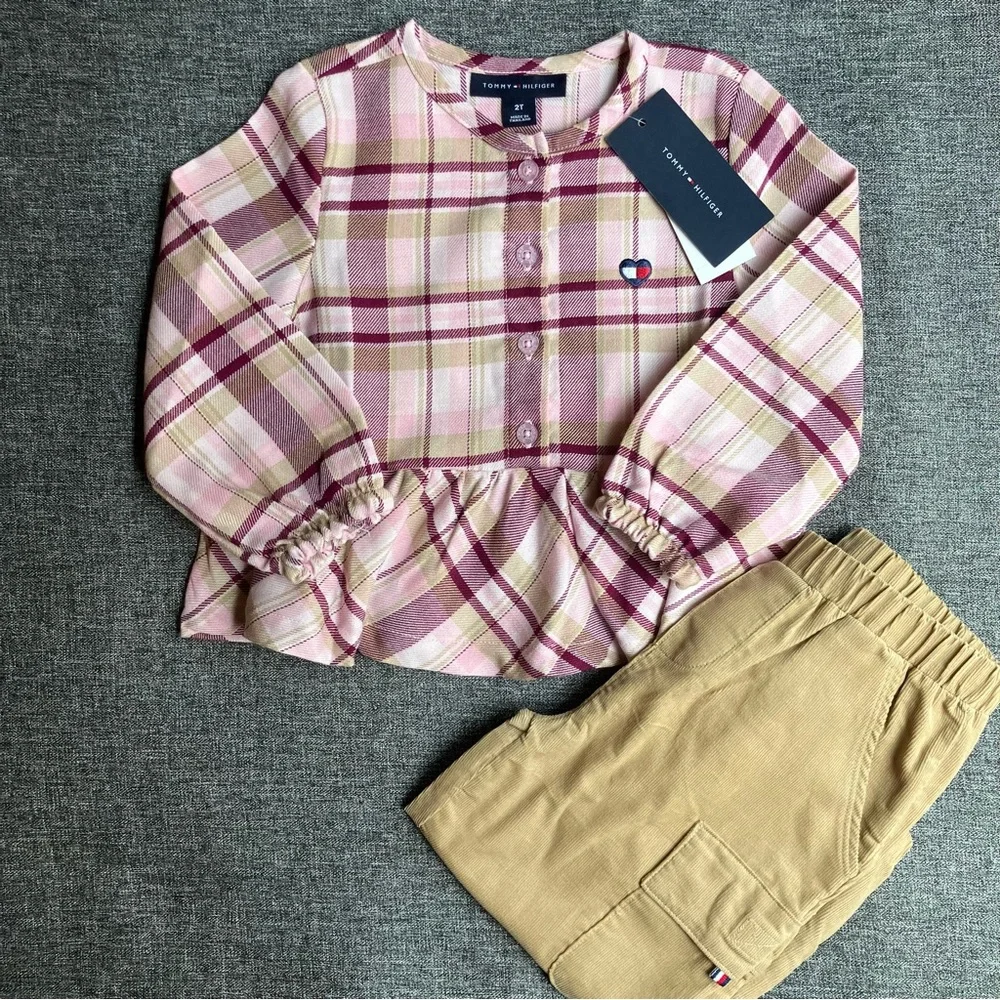 NWT Tommy Hilfiger Girls 2 Piece Set Pink Plaid Top Corduroy Khaki Pants 2T